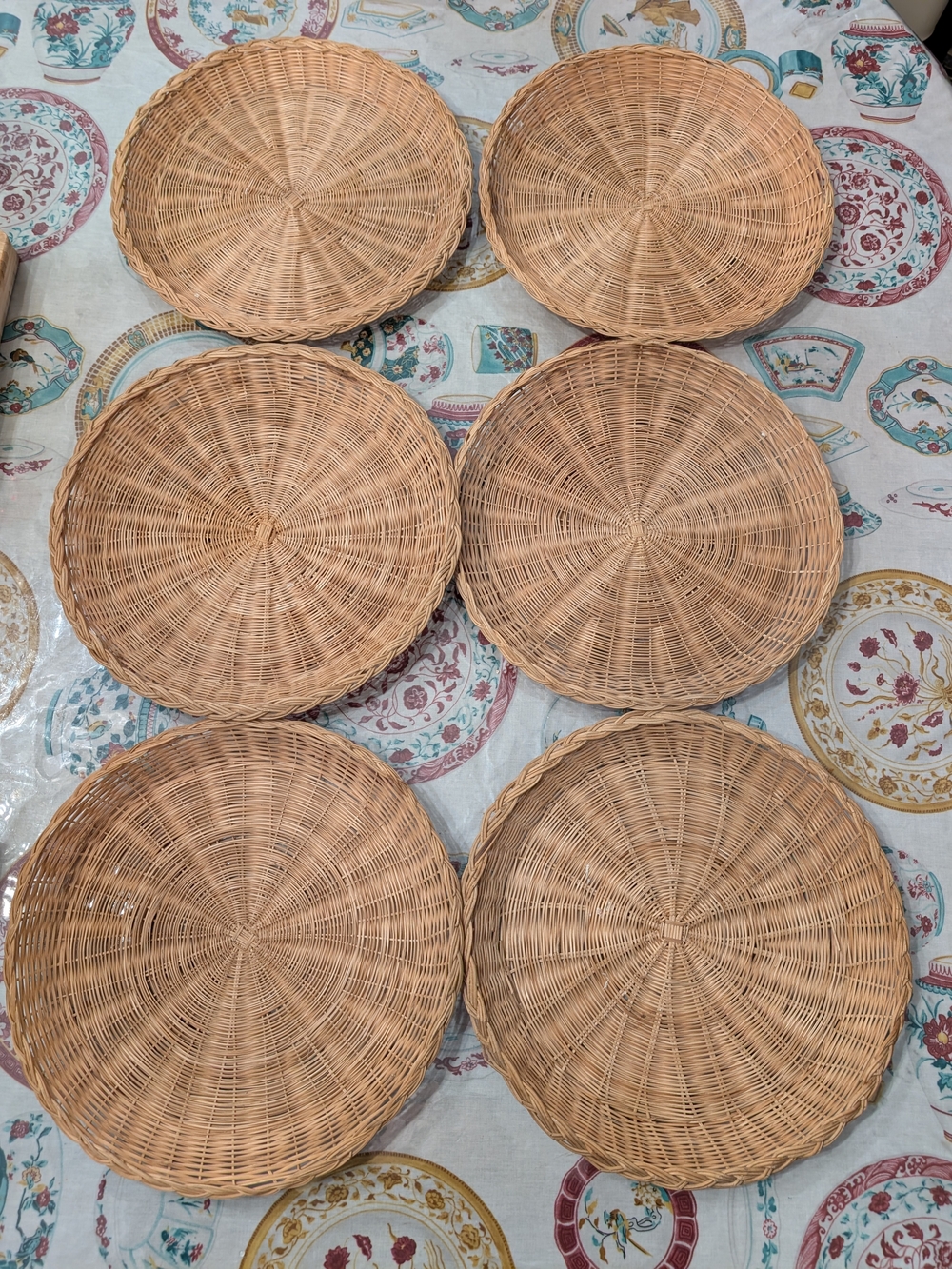 Vintage Set of 6 Woven Wicker Rattan Charger Plates / Wall Baskets
